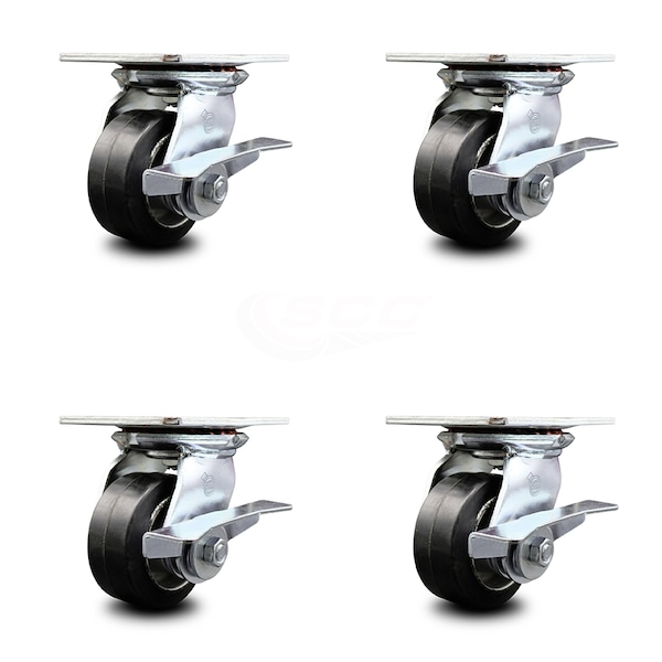 4 Inch Heavy Duty Rubber on Aluminum Caster Set with Roller Bearings and Brakes